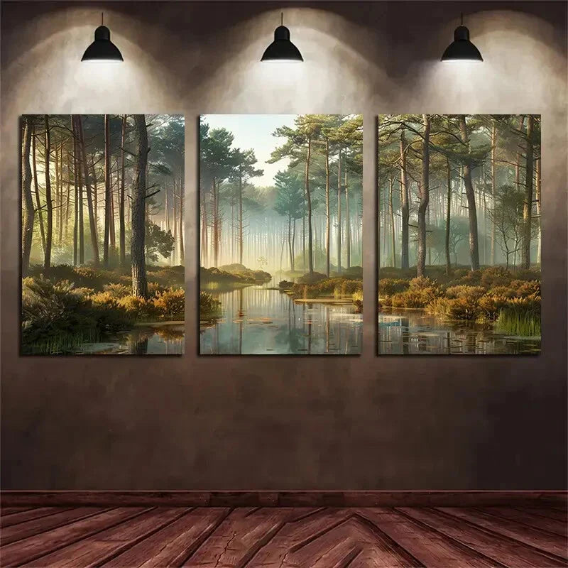 3pcs Forest Panoramic View Tall Trees and Water Metal Print Ready to Hang Art