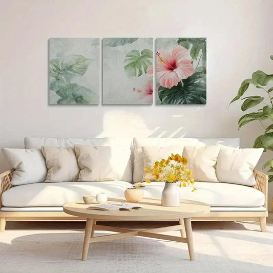 3pcs Flowers and Green Monstera Leaves etal Print Ready to Hang Art