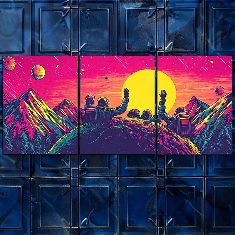 3pcs Yellow Moon Astronauts Galaxy Perfect Wall Art Set Canvas Framed 40x60cm - High Quality Print 100% Australian Made Wall Canvas Ready to Hang