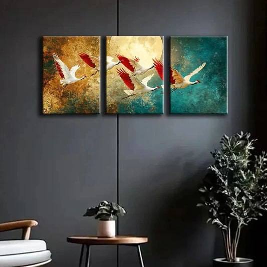 3pcs White Herons in Flight Colorful Perfect Wall Art Set Canvas Framed 40x60cm - High Quality Print 100% Australian Made Wall Canvas Ready to Hang