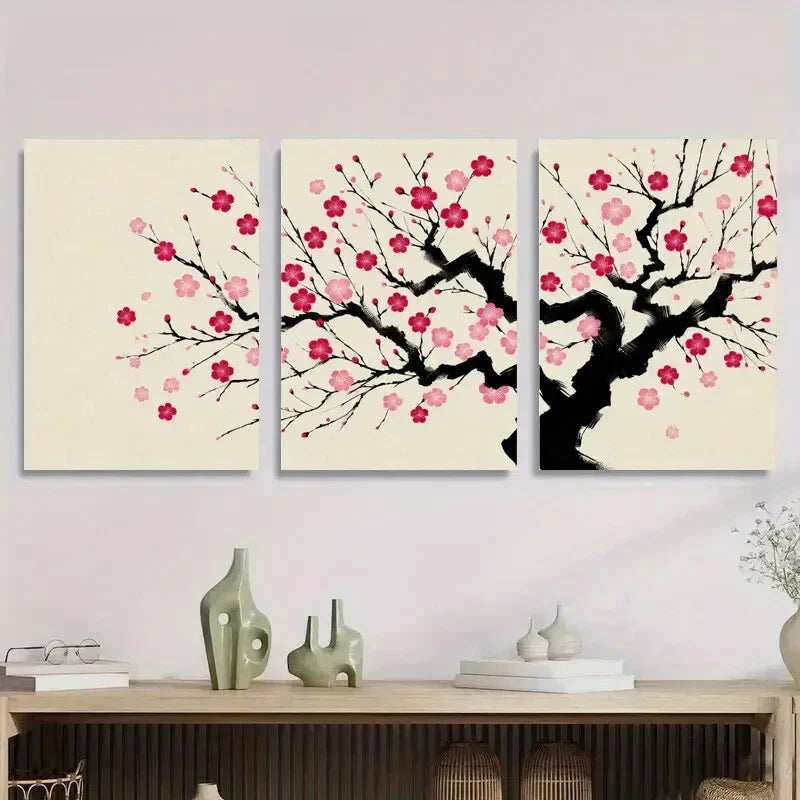 3pcs Pink Cherry Blossom Japanese Sakura Tree Metal Print Ready to Hang Art