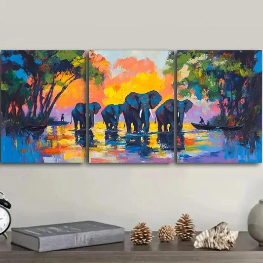 3pcs Elephant Walking Design Colorful Perfect Wall Art Set Canvas Framed 40x60cm - High Quality Print 100% Australian Made Wall Canvas Ready to Hang