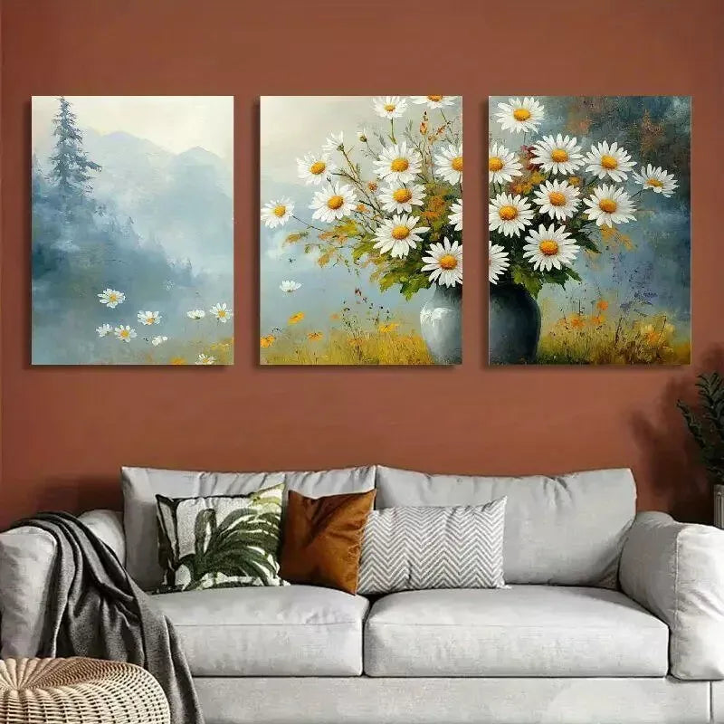 3pcs Classic Daisy Wildflowers & Countryside Wall Art Set Canvas Framed 40x60cm - High Quality Print 100% Australian Made Wall Canvas Ready to Hang