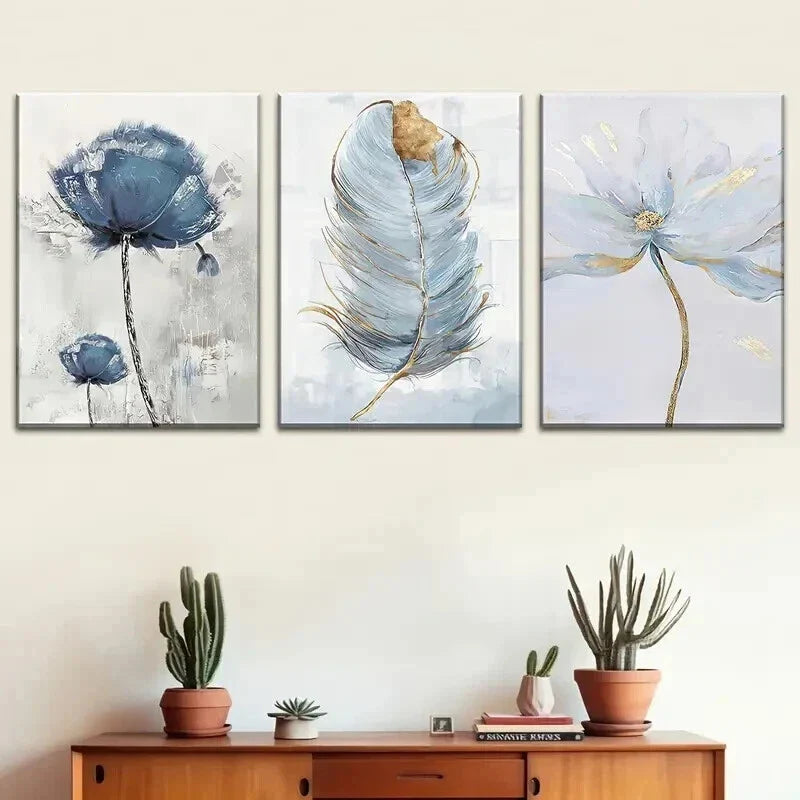 3pcs Modern Floral & Feather Decor Wall Art Set Canvas Framed 40x60cm - High Quality Print 100% Australian Made Wall Canvas Ready to Hang