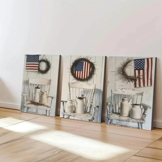 3pcs Old White Chair Two Milk Jugs Lovers Flag Wall Art Set Canvas Framed 40x60cm - High Quality Print 100% Australian Made Wall Canvas Ready to Hang