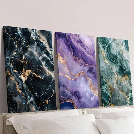 3pcs Gold Black Purple & Blue Marble Texture Wall Art Set Canvas Framed 40x60cm - High Quality Print 100% Australian Made Wall Canvas Ready to Hang