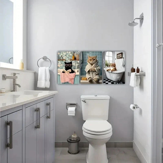 3pcs Cute Cat Bathtub Contemporary Style Metal Print Ready to Hang Art