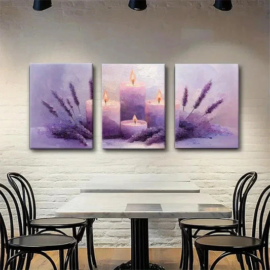 3pcs Purple Candles and Flowers Decor Wall Art Set Canvas Framed 40x60cm - High Quality Print 100% Australian Made Wall Canvas Ready to Hang