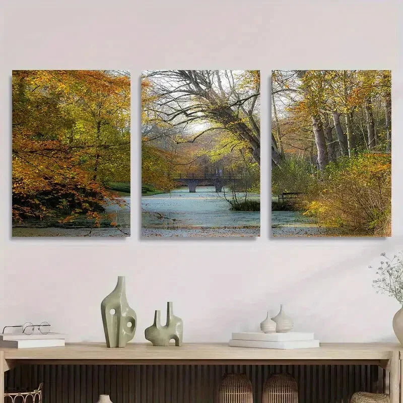 3pcs Autumn Forest Bridge Scenic Nature Landscape Metal Print Ready to Hang Art