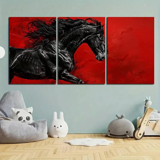 3pcs Black Horse Modern Equestrian Metal Print Ready to Hang Art