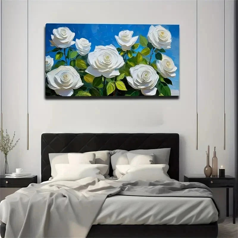 White Rose Oil Painting Wall Art Canvas Office Home Room Framed 80x45cm
