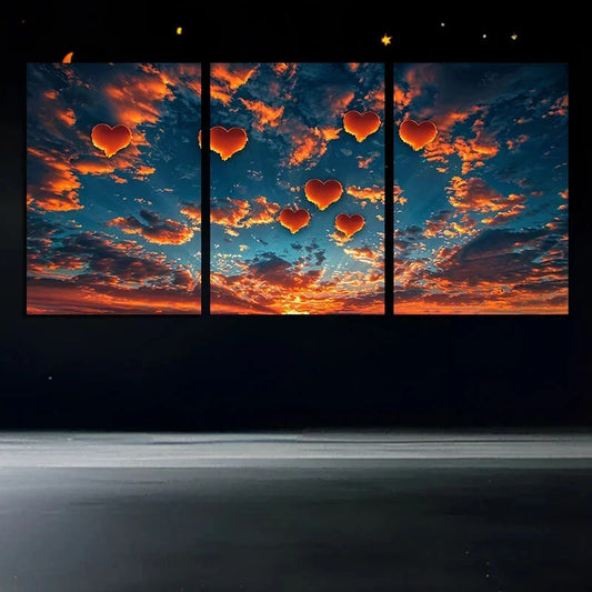 3pcs Heart-Shaped Cloud Blue Sky Metal Print Ready to Hang Art