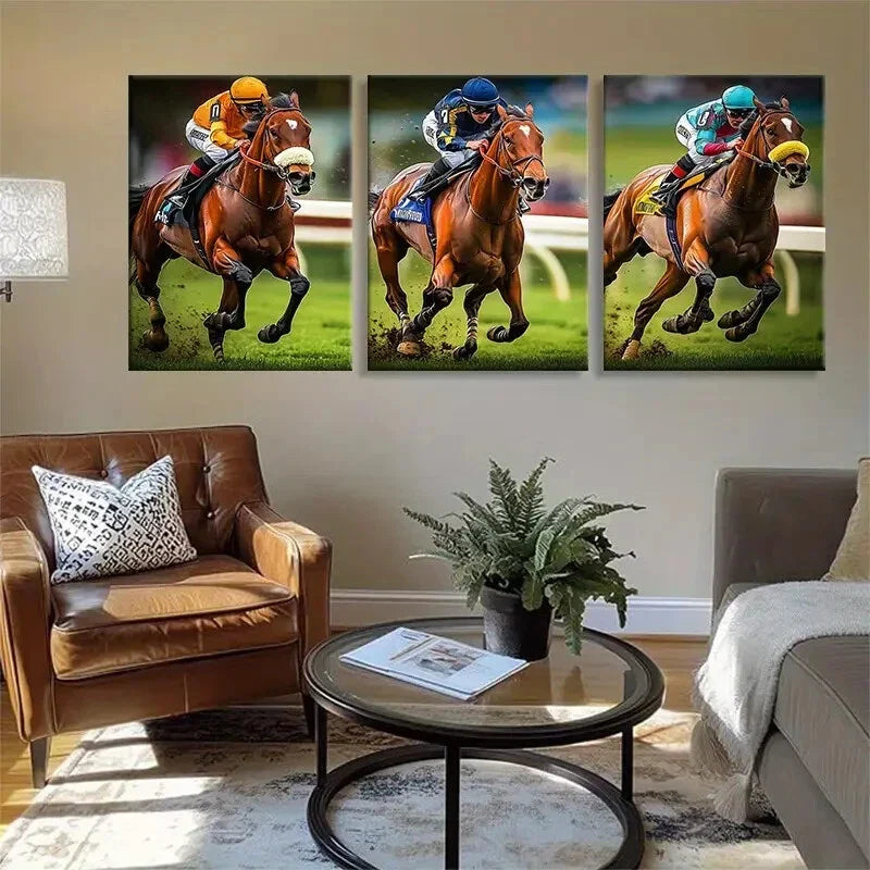 3pcs Dynamic Race Horses Action Sport Perfect Wall Art Set Canvas Framed 40x60cm - High Quality Print 100% Australian Made Wall Canvas Ready to Hang