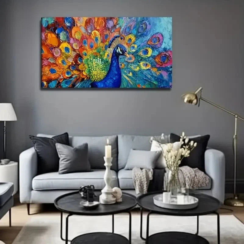 Vibrant Peacock Modern Wall Art Canvas Office Home Room Framed 120x60cm