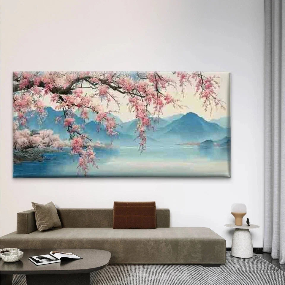 Cherry Blossom & Mount Fuji Wall Art Canvas Office Home Room Framed 80x45cm