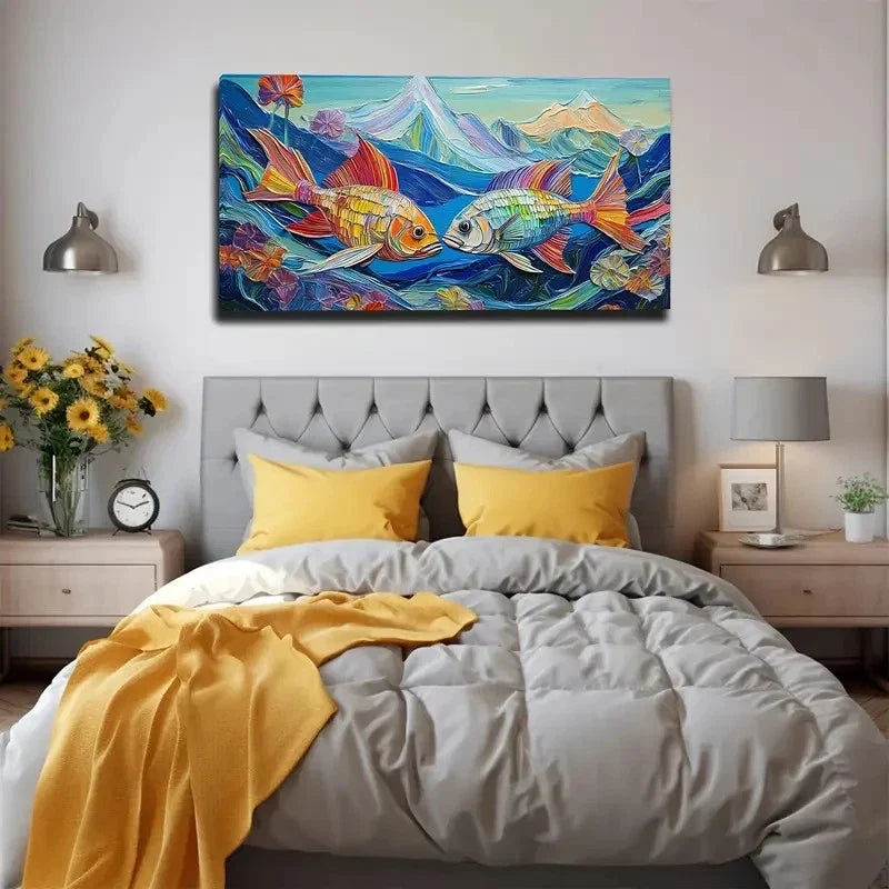 Vibrant Two Fish Wall Art Canvas Office Home Room Framed 80x45cm