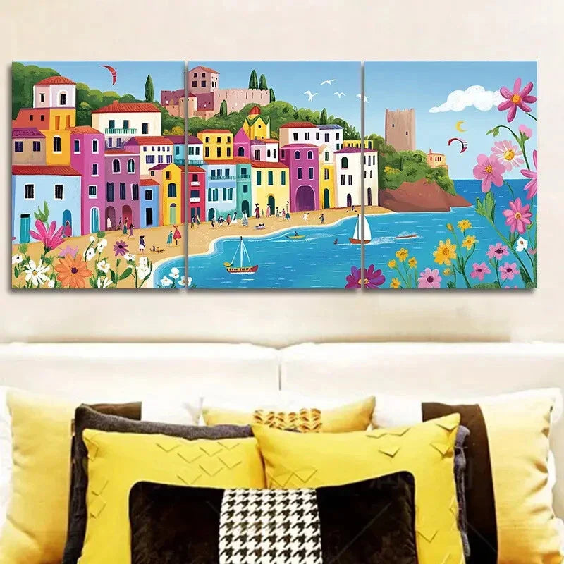 3pcs Mediterranean town Art Painting Metal Print Ready to Hang Art
