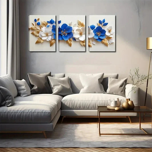 3pcs Blue & White Floral Design Triptych Perfect Wall Art Set Canvas Framed 40x60cm - High Quality Print 100% Australian Made Wall Canvas Ready to Hang
