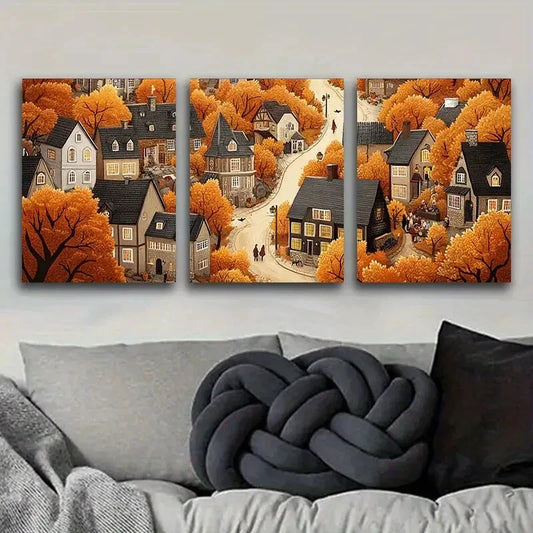 3pcs Autumn Fairy Tale Town, Metal Print Ready to Hang Art
