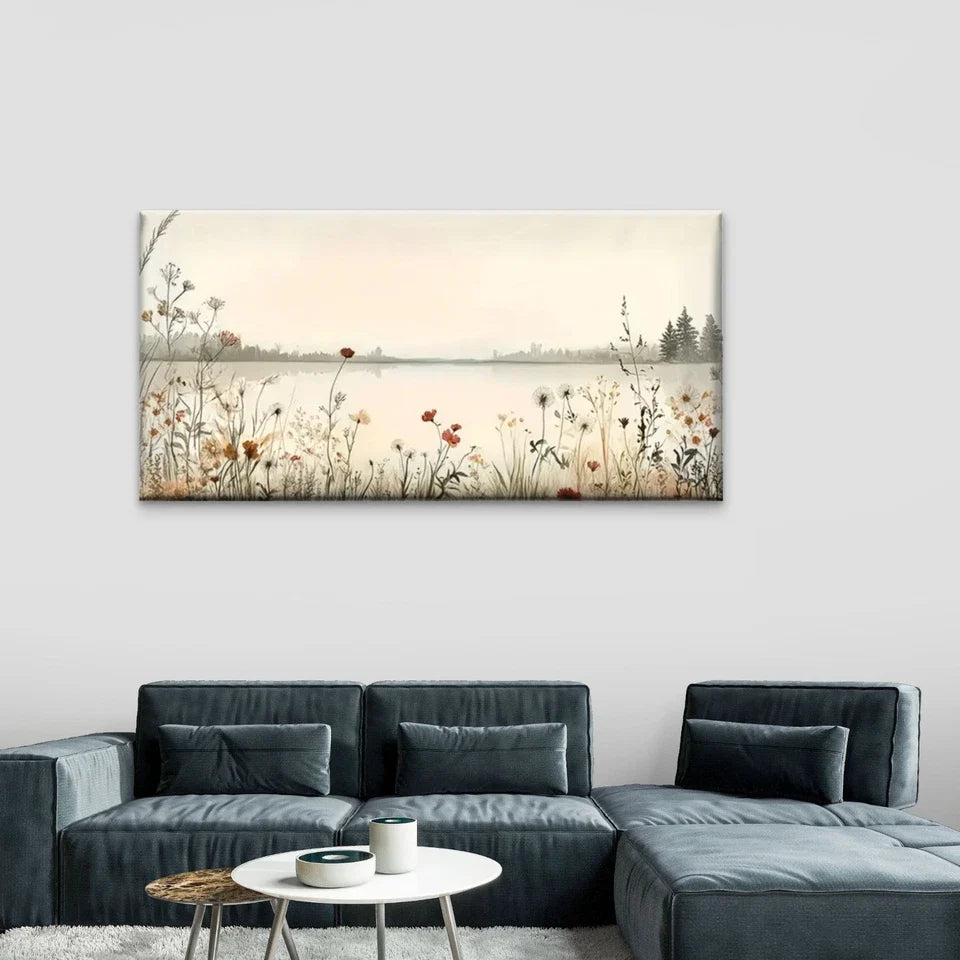 Flowers And Lakes Nature Wall Art Canvas Office Home Room Framed 80x45cm