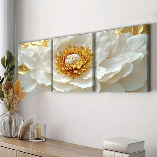 3pcs White Peony Gold Floral Waterproof Perfect Wall Art Set Canvas Framed 40x60cm - High Quality Print 100% Australian Made Wall Canvas Ready to Hang