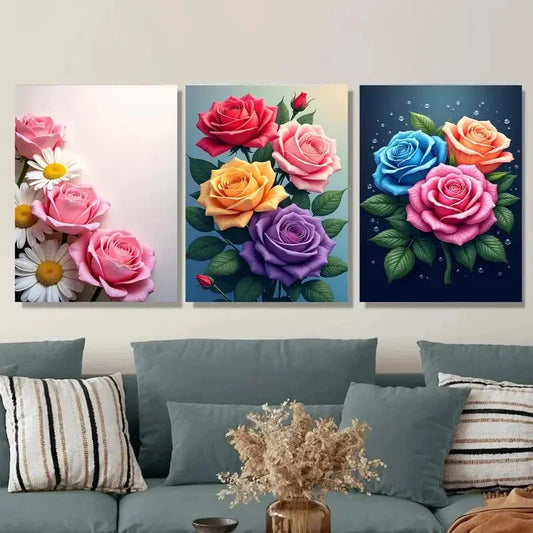 3pcs Colorful Rose and Daisy Beautiful Floral Metal Print Ready to Hang Art