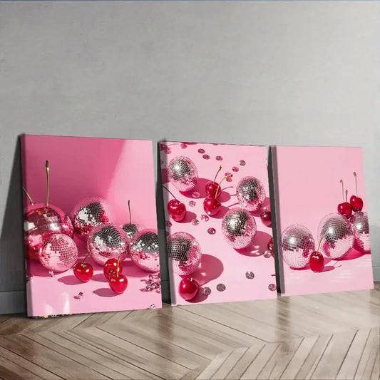 3pcs Cherries & Disco Balls Delicious Perfect Wall Art Set Canvas Framed 40x60cm - High Quality Print 100% Australian Made Wall Canvas Ready to Hang