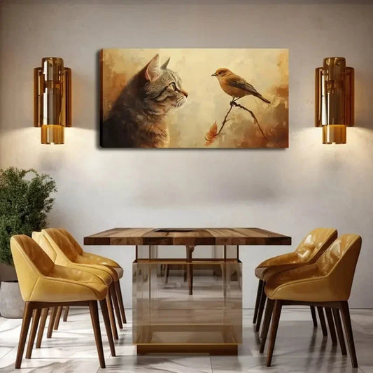 Realistic Tiger Cat Bird Scene Wall Art Canvas Office Home Room Framed 120x60cm