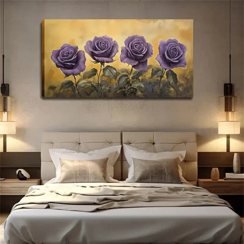 Four Purple Roses Blooming Wall Art Canvas Office Home Room Framed 120x60cm