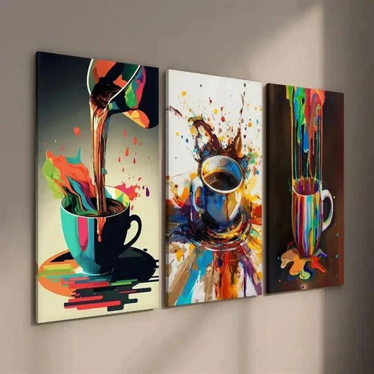 3pcs Mug & Spilled Drink Illustrations Wall Art Set Canvas Framed 40x60cm - High Quality Print 100% Australian Made Wall Canvas Ready to Hang