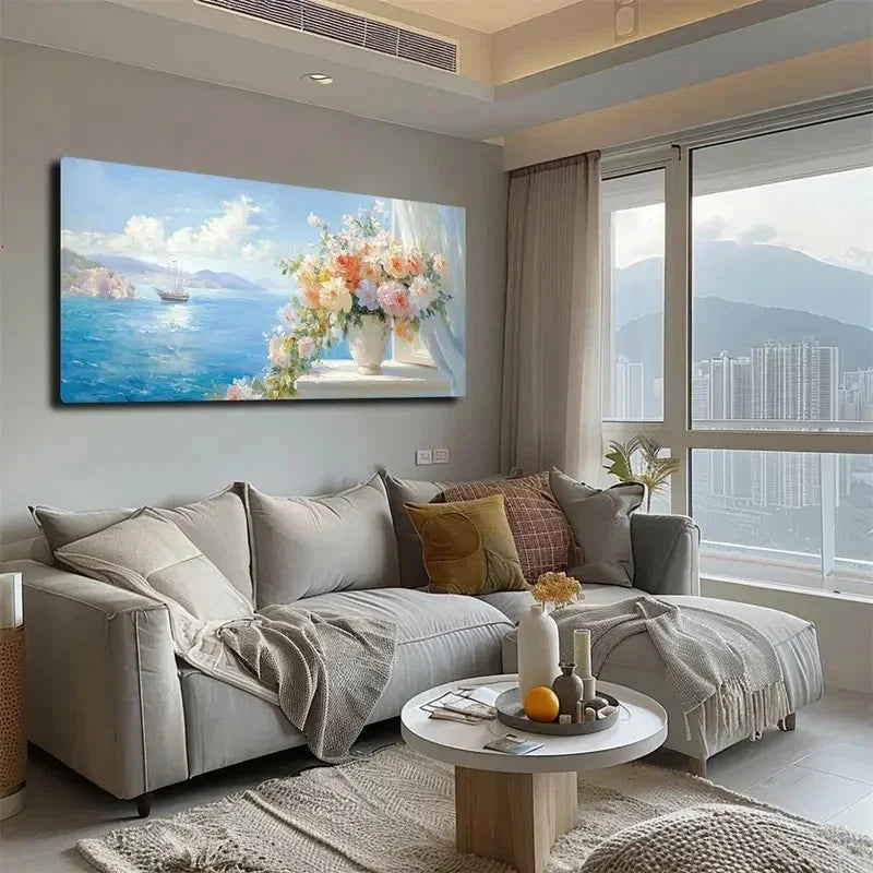 Serene Seascape & Floral Wall Art canvas office home room framed 120x60cm