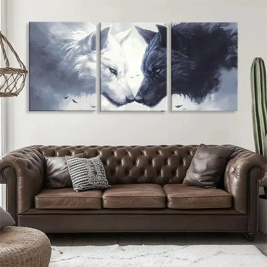 3pcs White and Black Wolf Face Abstract Perfect Wall Art Set Canvas Framed 40x60cm - High Quality Print 100% Australian Made Wall Canvas Ready to Hang