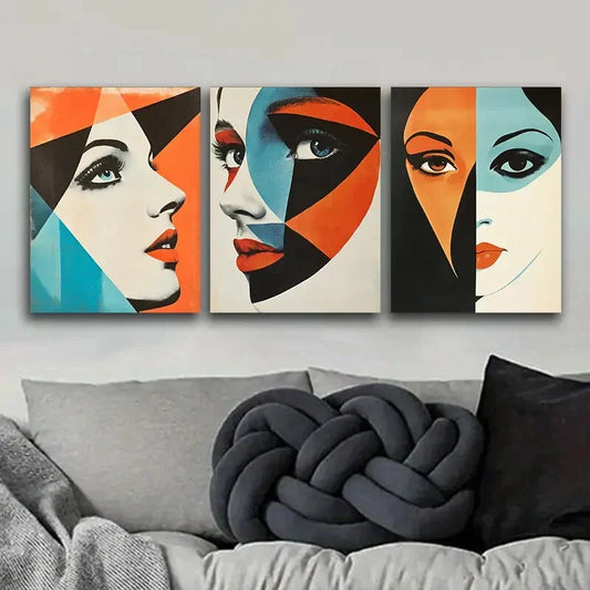 3pcs Modern Abstract Faces with Vibrant Colors, Metal Print Ready to Hang Art