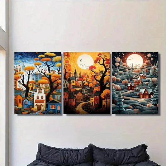 3pcs Autumn Landscape Triptych Colors Metal Print Ready to Hang Art
