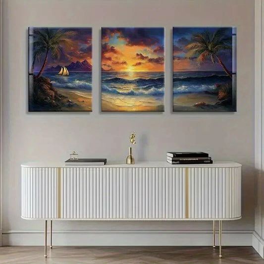 3pcs Sunset Sailing Boat Vibrant Sky Perfect Wall Art Set Canvas Framed 40x60cm - High Quality Print 100% Australian Made Wall Canvas Ready to Hang
