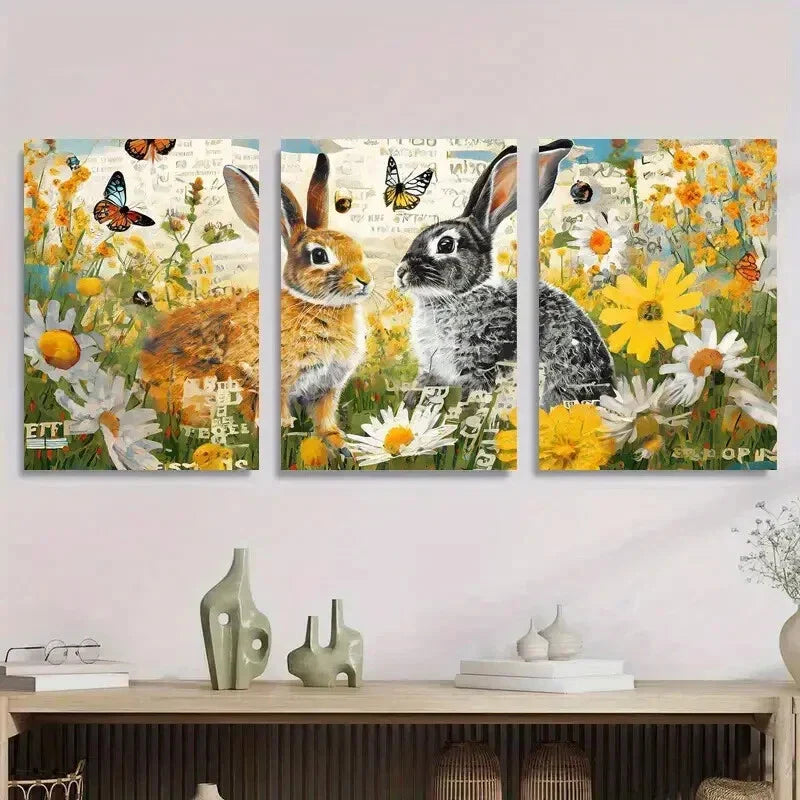 3pcs Whimsical Rabbit & Butterfly Metal Print Ready to Hang Art