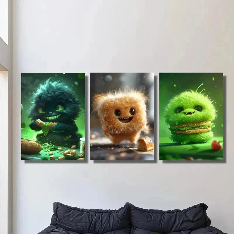3pcs Cute Green Furry Food Monster Wall Art Set Canvas Framed 40x60cm - High Quality Print 100% Australian Made Wall Canvas Ready to Hang