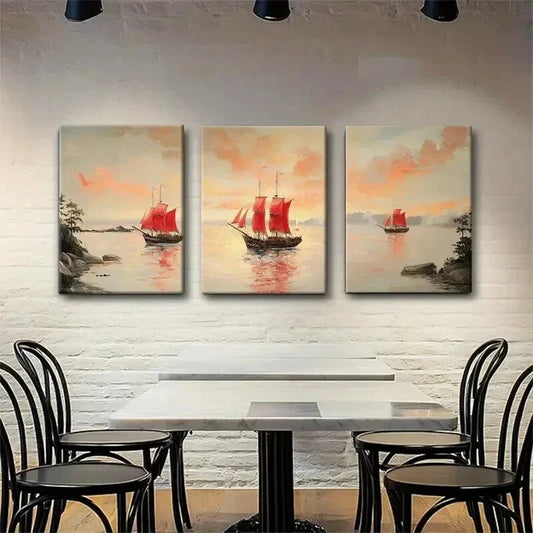 3pcs Sailboat Sunset Seascape Maritime Perfect Wall Art Set Canvas Framed 40x60cm - High Quality Print 100% Australian Made Wall Canvas Ready to Hang