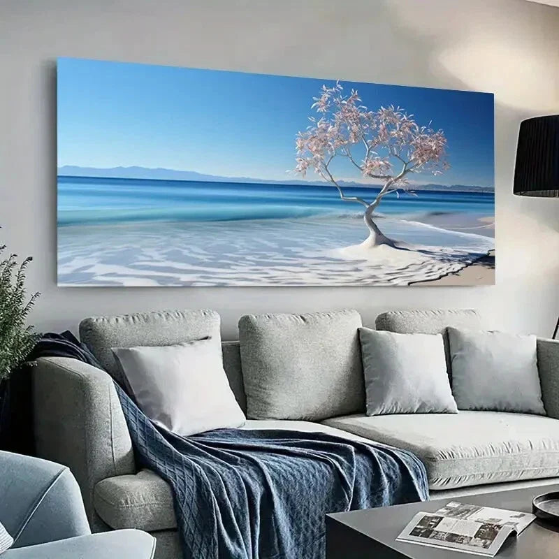 Modern Winter Beach Tree wall canvas office home room framed 80x45cm