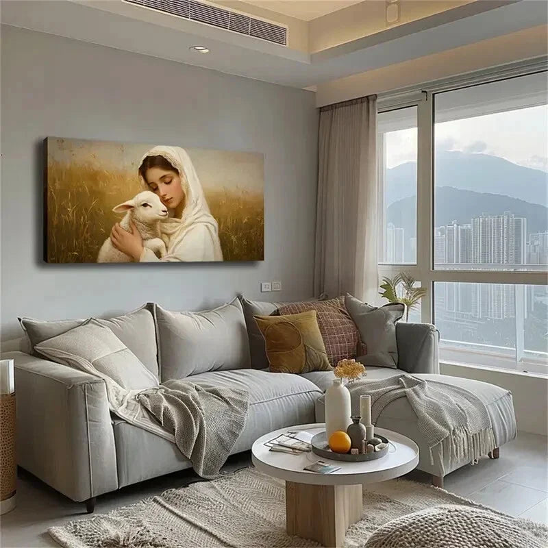Serene Woman Lamb Nature Scene Wall Art Canvas Office Home Room Framed 120x60cm