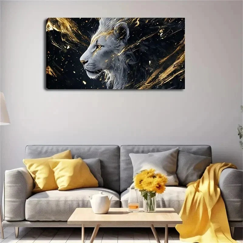 Realistic White Lion Golden Wall Art Canvas Office Home Room Framed 120x60cm