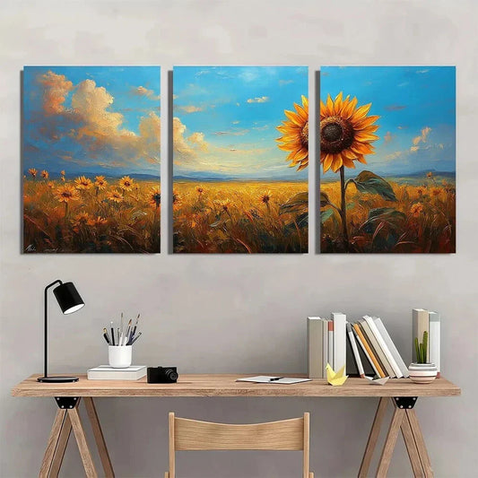 3pcs Vibrant Field of Sunflowers & Blue Sky Metal Print Ready to Hang Art