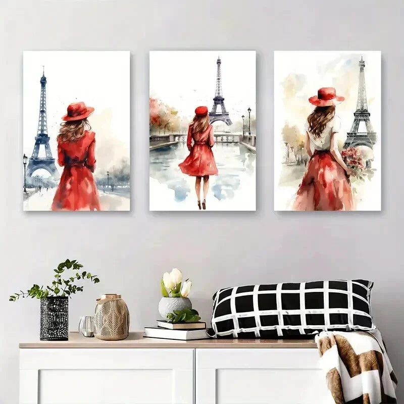 3pcs Paris Eiffel Tower Watercolor Woman in Red Metal Print Ready to Hang Art