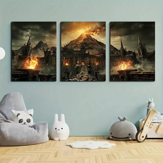 3pcs Volcanic Eruption Stunning Golden Fire Metal Print Ready to Hang Art