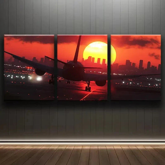 3pcs Sunset Airplane Shine Dark Décor Perfect Wall Art Set Canvas Framed 40x60cm - High Quality Print 100% Australian Made Wall Canvas Ready to Hang