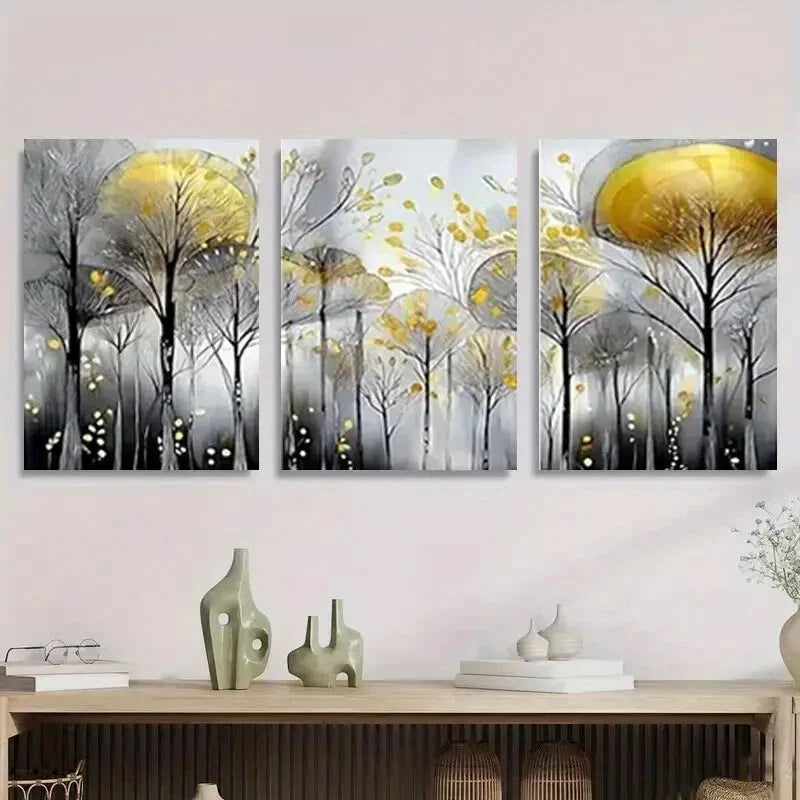 3pcs Golden Leaves & Black & White Forest Metal Print Ready to Hang Art