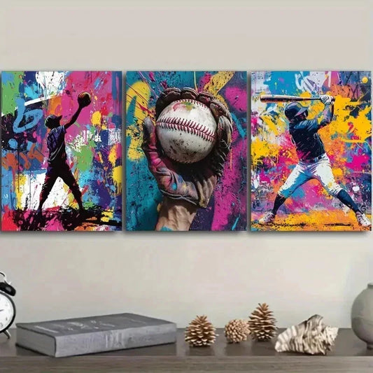 3pcs Baseball Graffiti Boy Colorful Perfect Wall Art Set Canvas Framed 40x60cm - High Quality Print 100% Australian Made Wall Canvas Ready to Hang