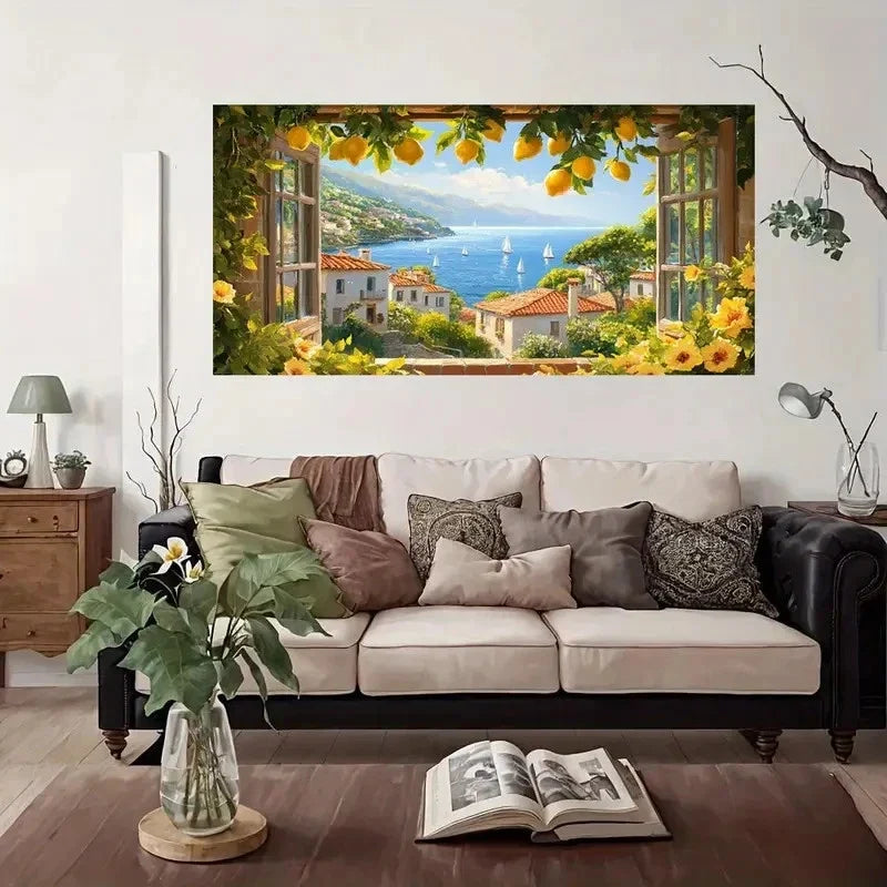 Lemon Tree Coastal View Wall Art Canvas Office Home Room Framed 80x45cm