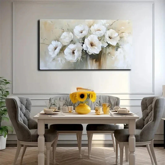 White Flowers with Golden Wall Art canvas office home room framed 120x60cm