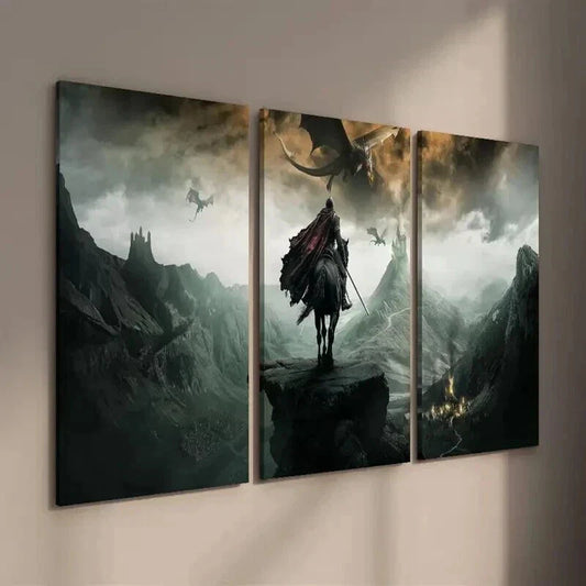 3pcs Flying Dragon And Black Knight Wall Art Set Canvas Framed 40x60cm - High Quality Print 100% Australian Made Wall Canvas Ready to Hang